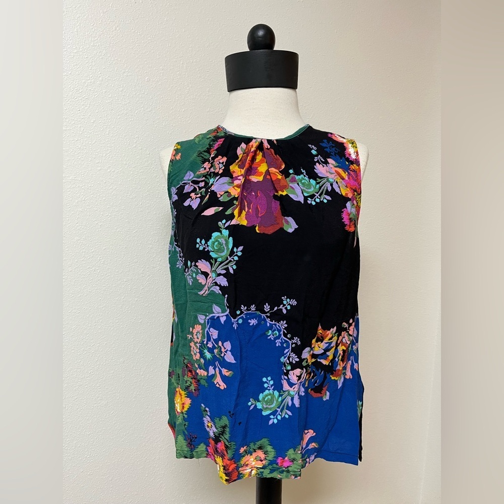 Anthropologie Multicolor Floral Sleeveless Blouse - Black, Blue, Green, Purple